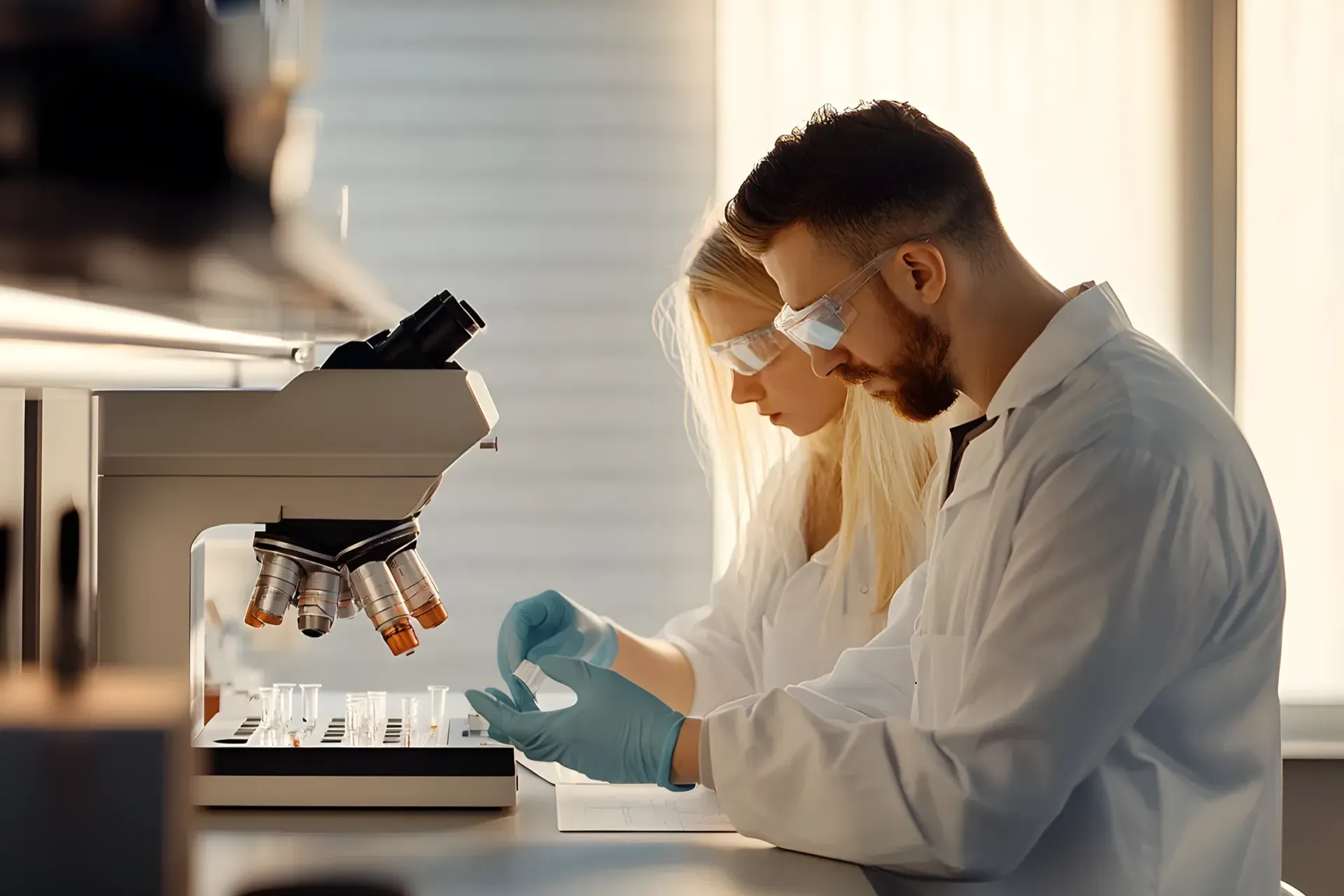Composite of researchers using a microscope.
