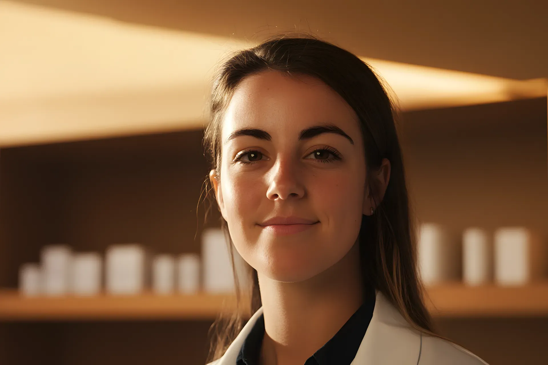 A female doctor in a softly lit clinic.